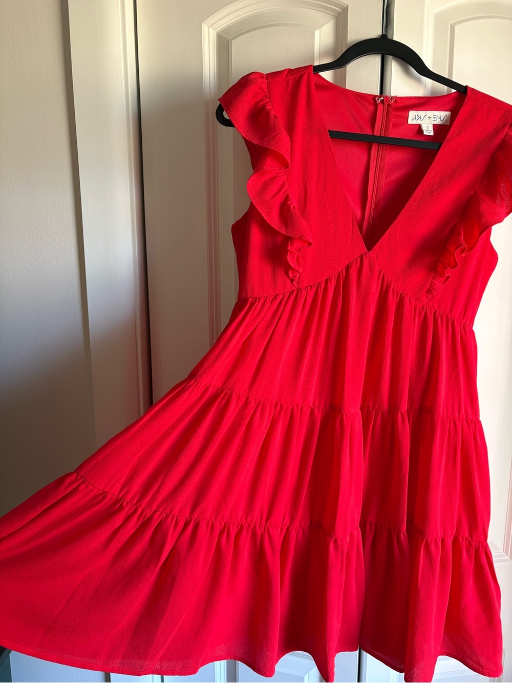 Red ruffle She + Sky dress